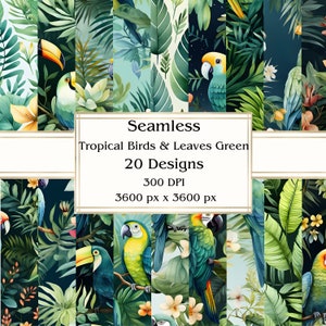 20 tropische vogels & bladeren naadloos digitaal papier, JPEG, 12" x 12", Scrapbookpapier, Junk Journal, Paper Pack, Commercieel gebruik