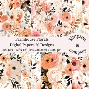 20 fleurs de ferme papier numérique, JPEG, 12 x 12 po, papier de scrapbooking, journal indésirable, paquet de papier, usage commercial