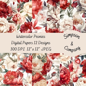 12 Aquarell Pfingstrosen Rot & Weiß Digitale Papiere, JPEG, 12" x 12", Scrapbook Papier, Junk Journal, Paper Pack, Kommerzielle Nutzung