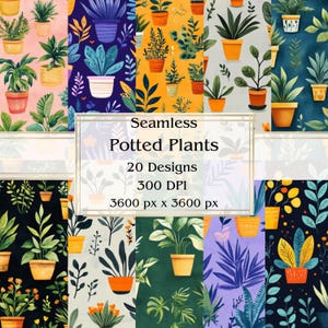 Papel digital sin costuras con 20 plantas en macetas, JPEG, 12" x 12", papel para álbumes de recortes, diario basura, paquete de papel, uso comercial