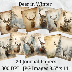 20 ciervos en papel de diario de invierno, papel digital JPEG, 8,5" x 11", papel de álbum de recortes, diario basura, paquete de papel, uso comercial