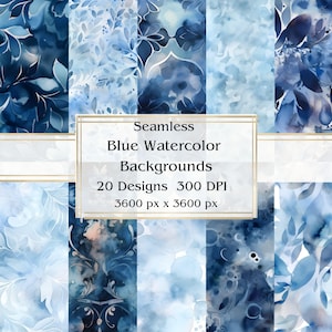 20 Blue Watercolor Backgrounds Seamless Digital Paper, JPEG, 12&quot; x 12&quot;, Scrapbook Paper, Junk Journal, Paper Pack, Commercial Use
