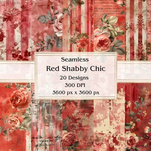 20 Red Shabby Chic Seamless Digital Paper, JPEG, 12&quot; x 12&quot;, Scrapbook Paper, Junk Journal, Paper Pack, Commercial Use