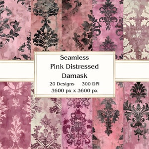 20 Pink Distressed Damask Seamless Digital Paper, JPEG, 12&quot; x 12&quot;, Scrapbook Paper, Junk Journal, Paper Pack, Commercial Use