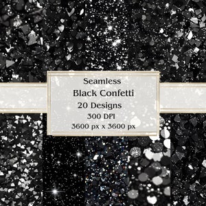 20 padrões de confete preto, papel digital sem costura, JPEG, 12" x 12", papel para scrapbook, lixo eletrônico, pacote de papel, uso comercial