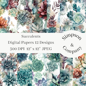 12 Succulents Digital Papers, JPEG, 12" x 12", Scrapbook Paper, Junk Journal, Paper Pack, Commercial Use