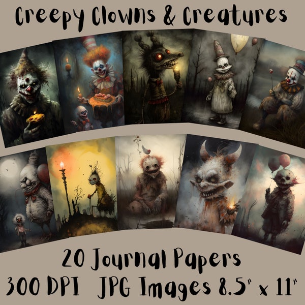 20 Creepy Clowns & Creatures Journal Paper, Digital Paper JPEG, 8.5" x 11", Scrapbook Paper, Junk Journal, Paper Pack, Commercial Use