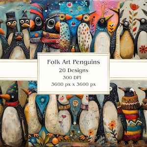 20 Papel digital de pingüinos de arte popular, JPEG, 12" x 12", papel de álbum de recortes, diario basura, paquete de papel, uso comercial