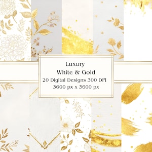20 luxe wit- en goudkleurig digitaal papier, jpeg, 12 x 12 inch, plakboekpapier, junkjournal, papieren verpakking, commercieel gebruik