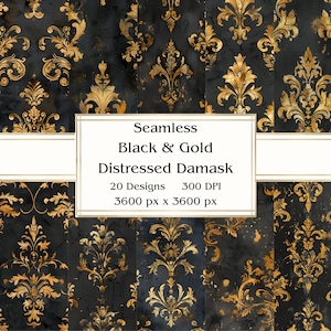 20 Black & Gold Distressed Damask Seamless Digital Paper, JPEG, 12&quot; x 12&quot;, Scrapbook Paper, Junk Journal, Paper Pack, Commercial Use