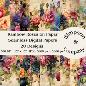 20 regenboogrozen op oud papier Naadloos digitaal papier, JPEG, 12" x 12", Scrapbookpapier, Junk Journal, Paper Pack, Commercieel gebruik