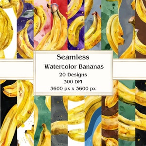 20 Aquarell Bananen Nahtloses Digitalpapier, JPEG, 12 "x 12", Scrapbookpapier, Junk Journal, Papiersatz, kommerzielle Nutzung
