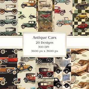 20 Antique Cars Digital Paper, JPEG, 12&quot; x 12&quot;, Scrapbook Paper, Junk Journal, Paper Pack, Commercial Use