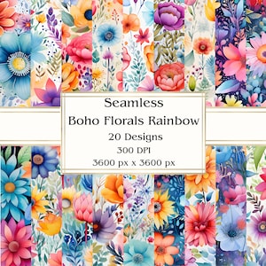 20 Boho Florals Rainbow Seamless Digital Paper, JPEG, 12" x 12", Papel de álbum de recortes, Diario basura, Paquete de papel, Uso comercial