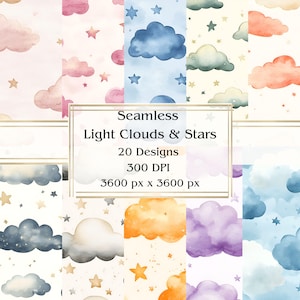 20 nuvole luminose e stelle carta digitale senza soluzione di continuità, JPEG, 12" x 12", carta per scrapbooking, diario spazzatura, confezione di carta, uso commerciale