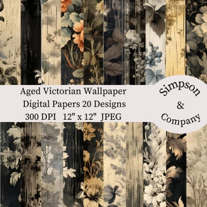20 Zwart oud Victoriaans behang digitaal papier, JPEG, 12" x 12", Scrapbookpapier, Junk Journal, Paper Pack, Commercieel gebruik