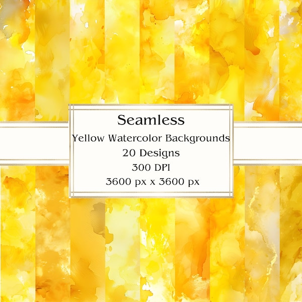 20 Yellow Watercolor Backgrounds Seamless Digital Paper, JPEG, 12" x 12", Scrapbook Paper, Junk Journal, Paper Pack, Commercial Use