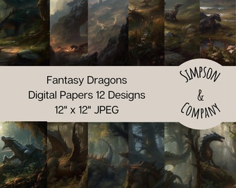 12 Fantasy Dragons Digital Papers, JPEG, 12" x 12", Scrapbook Paper, Junk Journal, Paper Pack, Magical, Mystery, Mythical Dragons, Collage