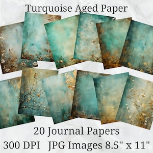 20 Turquoise Aged Journal Paper, Digital Paper JPEG, 8,5" x 11", Scrapbook Paper, Junk Journal, Paper Pack, Commercieel Gebruik