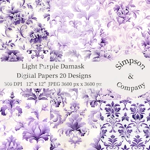 20 Purple Damask Digital Paper, Victorian Paper Pack, JPEG, 12&quot; x 12&quot;, Scrapbook Paper, Junk Journal, Paper Pack, Commercial Use