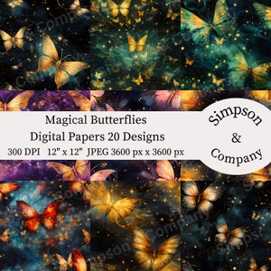 20 Magische Schmetterlinge Digitales Papier, Digital Paper Pack, JPEG, 12 "x 12", Scrapbook Papier, Junk Journal, Paper Pack, Kommerzielle Nutzung