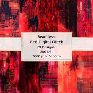 20 Red Digital Glitch Seamless Digital Paper, JPEG, 12&quot; x 12&quot;, Scrapbook Paper, Junk Journal, Paper Pack, Commercial Use