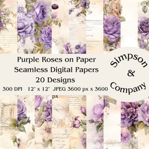 20 rose viola su carta invecchiata Carta digitale senza cuciture, JPEG, 12" x 12", Carta per album, Diario spazzatura, Pacchetto di carta, Uso commerciale