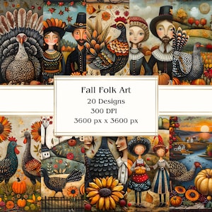 20 Carta digitale di arte popolare autunnale, JPEG, 12" x 12", Carta per album, Diario spazzatura, Pacchetto di carta, Uso commerciale