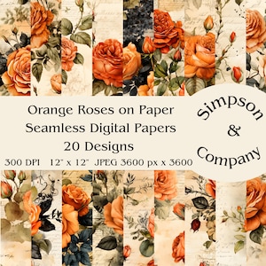 20 rosas laranja em papel envelhecido, papel digital sem costura, JPEG, 12" x 12", papel para scrapbook, lixo eletrônico, pacote de papel, uso comercial