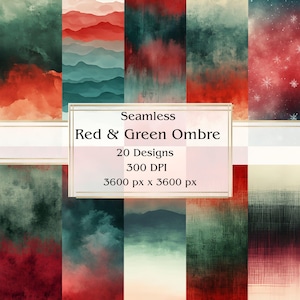 20 naadloos digitaal papier rood en groen ombre, jpeg, 12" x 12", plakboek, junkjournal, papieren verpakking, commercieel gebruik