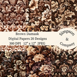 20 Brown Damask Digital Paper, Victorian Digital Paper Pack, JPEG, 12&quot; x 12&quot;, Scrapbook Paper, Junk Journal, Paper Pack, Commercial Use
