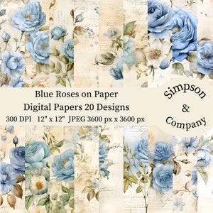 20 blaue Rosen auf gealtertem Papier Digitalpapier, JPEG, 12" x 12", Scrapbook Papier, Junk Journal, Paper Pack, kommerzielle Nutzung