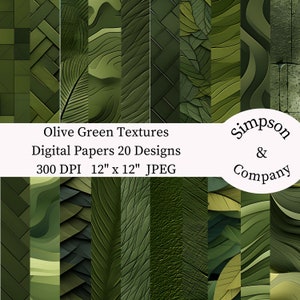 20 Olive Green Textures Digital Papers, JPEG, 12" x 12", Scrapbook Paper, Junk Journal, Paper Pack, Commercial Use