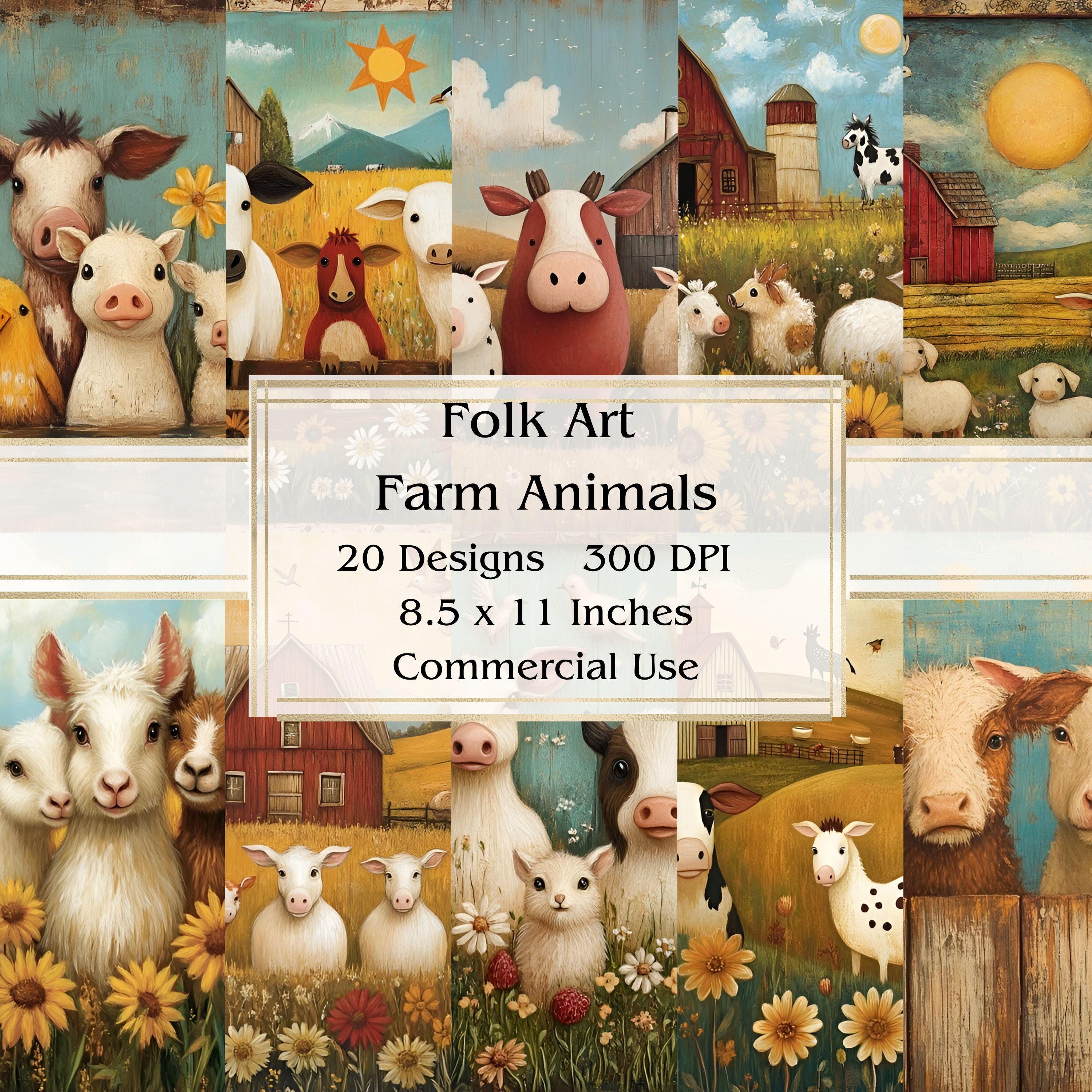 20 Folk Art Farm Animals Journal Paper, Digital Paper JPEG, 8.5" x 11", Scrapbook Paper, Junk Journal, Paper Pack, Commercial Use