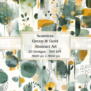 20 groene en gouden abstracte kunst naadloos digitaal papier, jpeg, 12" x 12", plakboek, rommeljournaal, papieren verpakking, commercieel gebruik