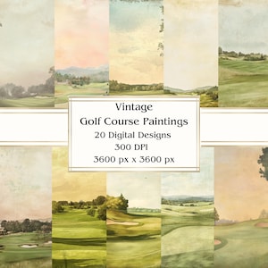 20 vintage golfbanen schilderijen plakboekpapier, digitaal papier jpeg, 12" x 12", plakboek, rommeljournaal, papieren verpakking, commercieel gebruik
