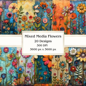 20 Papel digital de flores de técnica mixta, JPEG, 12" x 12", papel de álbum de recortes, diario basura, paquete de papel, uso comercial