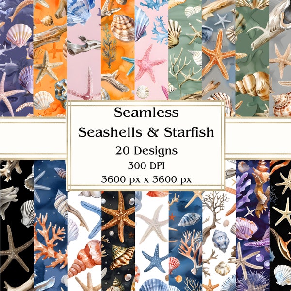 20 Seashells & Starfish Seamless Digital Paper, JPEG, 12" x 12", Scrapbook Paper, Junk Journal, Paper Pack, Commercial Use