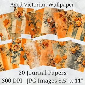 20 Papel de jornal de papel de parede vitoriano envelhecido laranja, papel digital JPEG, 8,5" x 11", lixo eletrônico, pacote de papel, uso comercial