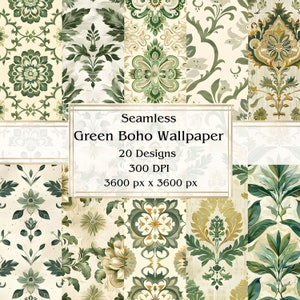 20 grüne Boho-Tapete Nahtloses digitales Papier, JPEG, 12 "x 12", Scrapbook-Papier, Junk-Journal, Papiersatz, kommerzielle Nutzung