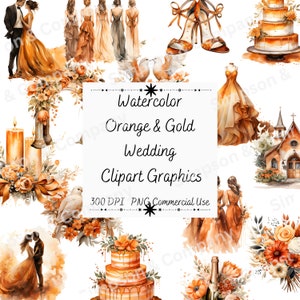 35 clipart de casamento aquarela laranja e dourado PNG, gráficos de casamento, download instantâneo, uso comercial