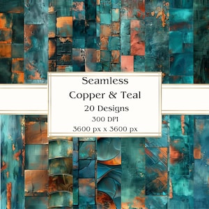 20 Copper & Teal Seamless Digital Paper, JPEG, 12&quot; x 12&quot;, Scrapbook Paper, Junk Journal, Paper Pack, Commercial Use