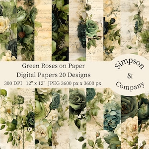 20 rosas verdes em papel envelhecido, papel digital, JPEG, 12" x 12", papel para scrapbook, lixo eletrônico, pacote de papel, uso comercial
