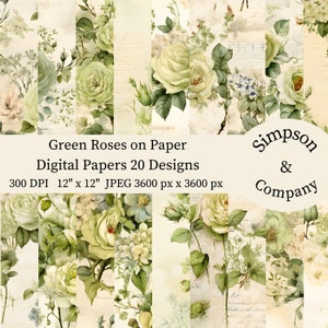 20 roses vertes sur papier vieilli Papier numérique, JPEG, 12 x 12 po, papier de scrapbooking, journal indésirable, paquet de papier, usage commercial