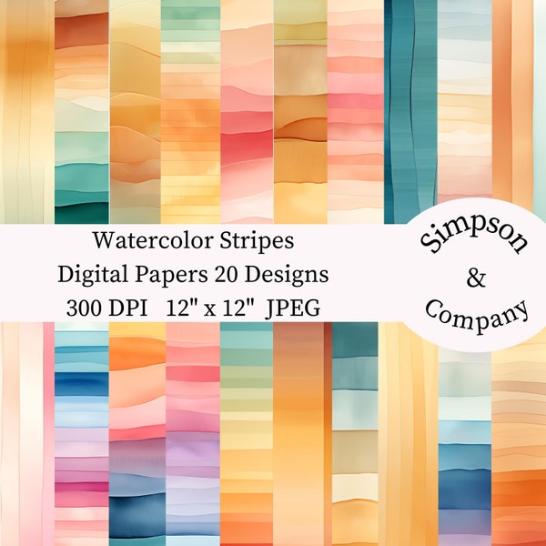 20 Watercolor Stripes Digital Papers, JPEG, 12" x 12", Scrapbook Paper, Junk Journal, Paper Pack, Commercial Use
