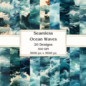 20 Ocean Waves Papel digital sin costuras, JPEG, 12&quot; x 12&quot;, Papel de álbum de recortes, Diario basura, Paquete de papel, Uso comercial