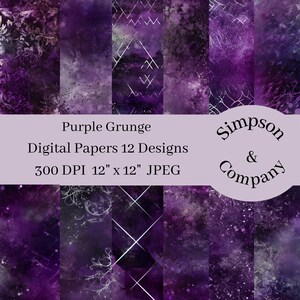 12 パープル グランジ テクスチャ デジタル ペーパー、JPEG、12" x 12"、スクラップブック用紙、ジャンク ジャーナル、ペーパー パック、商用利用