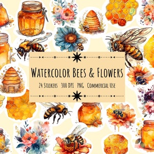 24 Bees & Flowers Digital Stickers, Honey Bees Stickers, Watercolor Stickers, Printable Stickers, PNG, Commercial Use