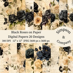 20 zwarte rozen op oud papier digitaal papier, JPEG, 12" x 12", Scrapbookpapier, Junk Journal, Paper Pack, Commercieel Gebruik