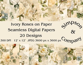 20 Ivory Roses on Aged Paper Seamless Digital Paper, JPEG, 12" x 12", Scrapbook Paper, Junk Journal, Paper Pack, Commercial Use